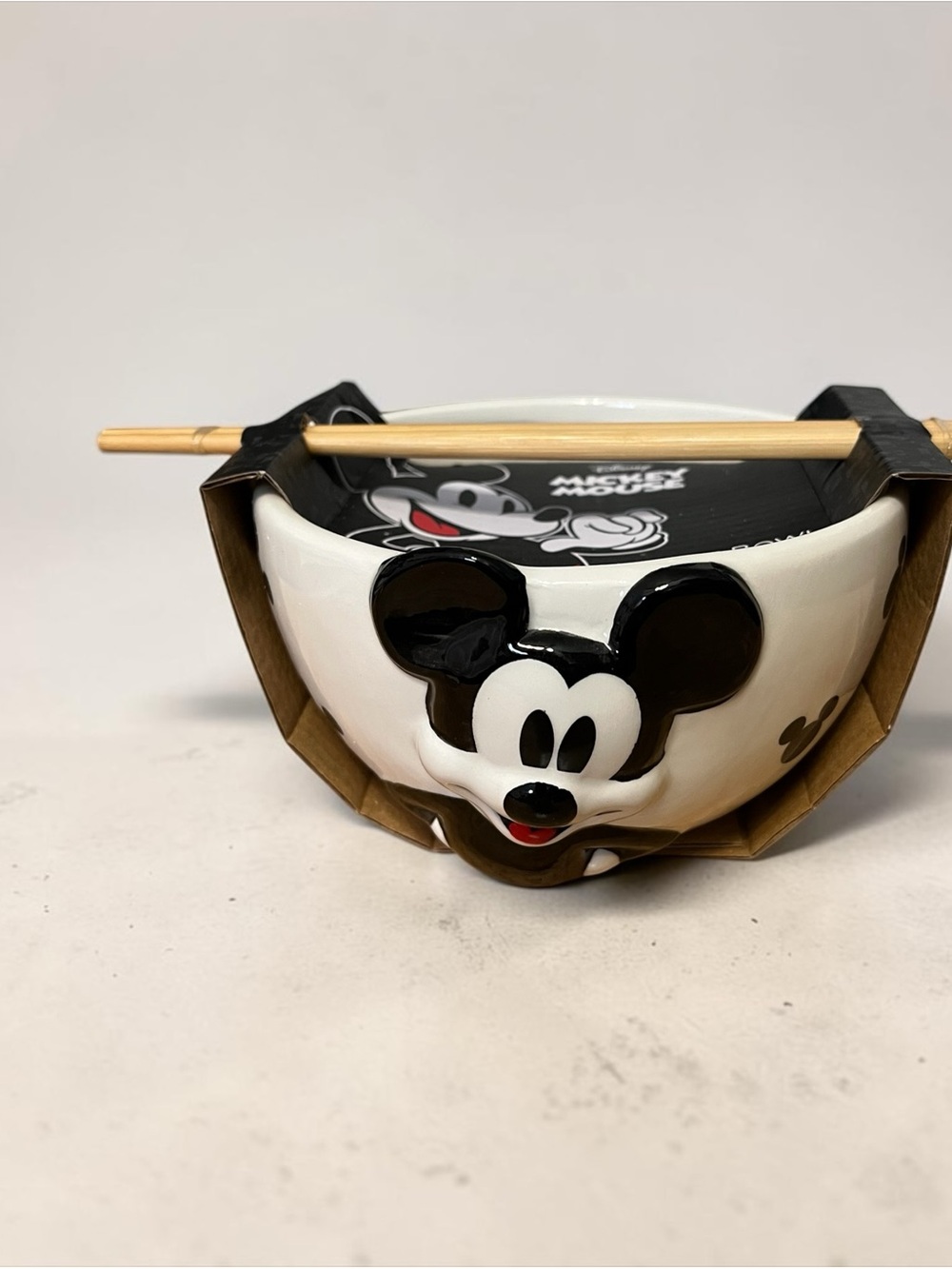 Disney Mickey Mouse White and Black Ceramic Bowl with Chopsticks